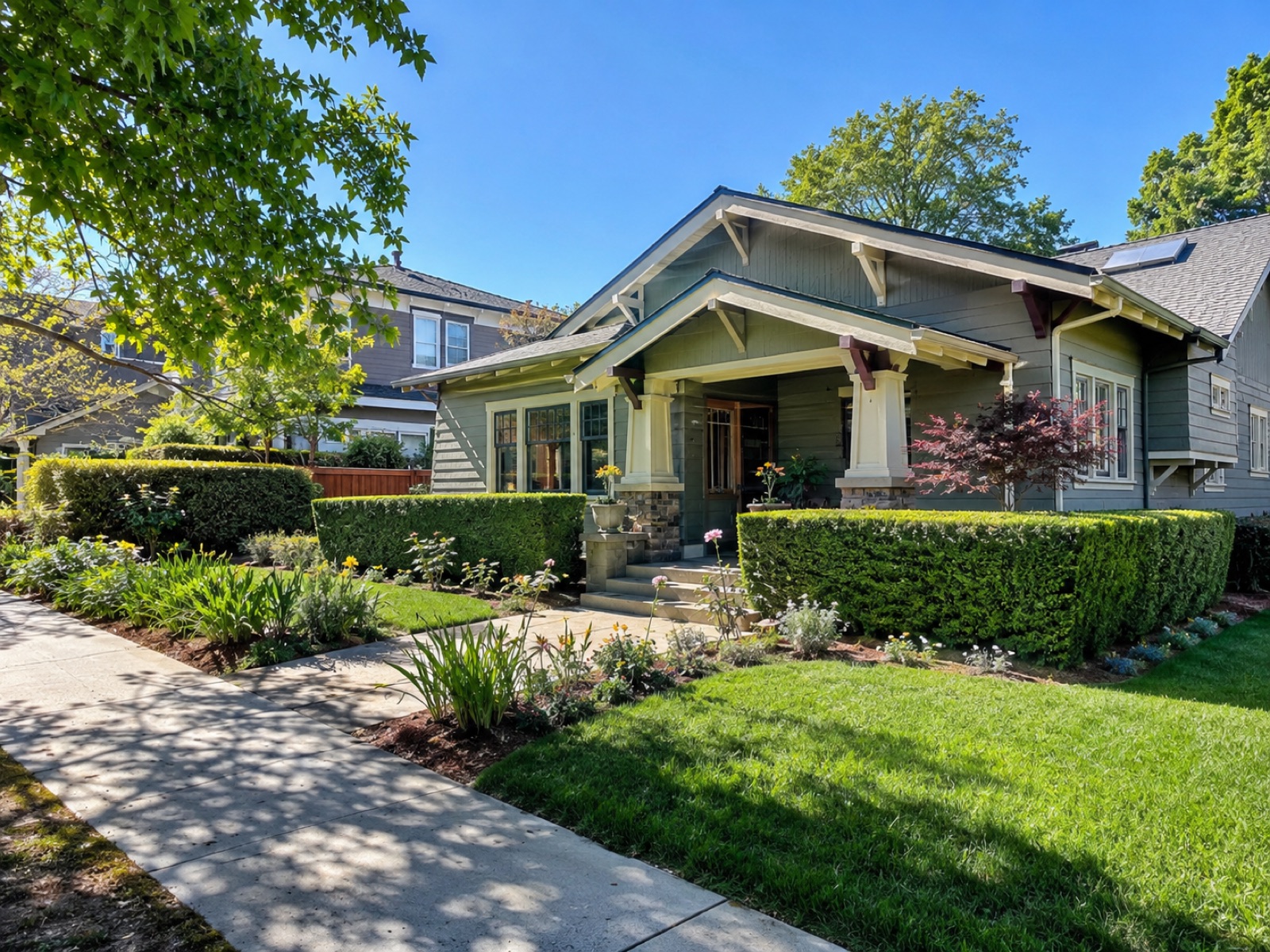 Craftsman home with sharply trimmed square hedges