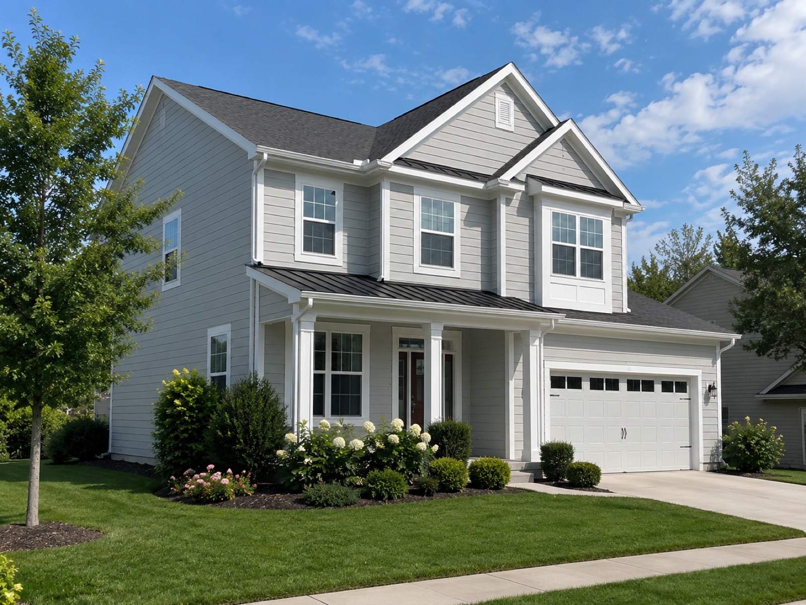 Bright, freshly washed light-gray siding and blooming beds
