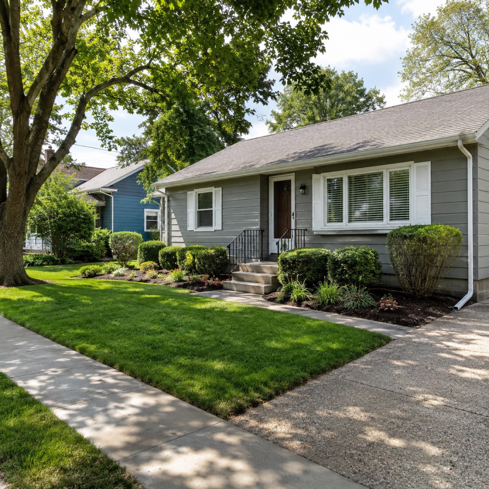 Ranch home with a cleaned-up front yard and tidy garden beds