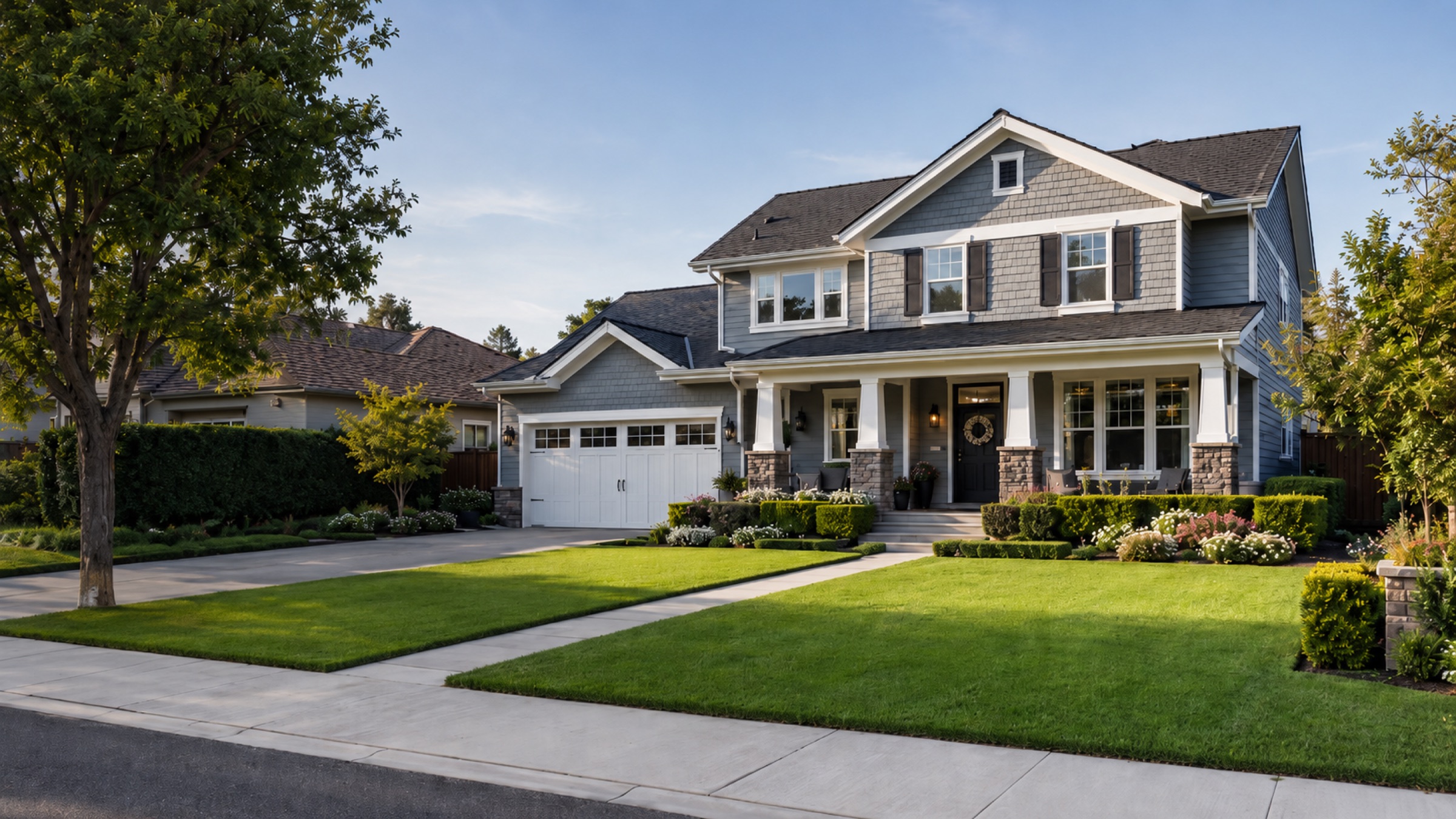 A craftsman home with a manicured lawn and landscaped beds, cared for by EverGreen